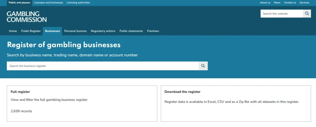 UK Gambling Commission register context for a Castle Casino licence check